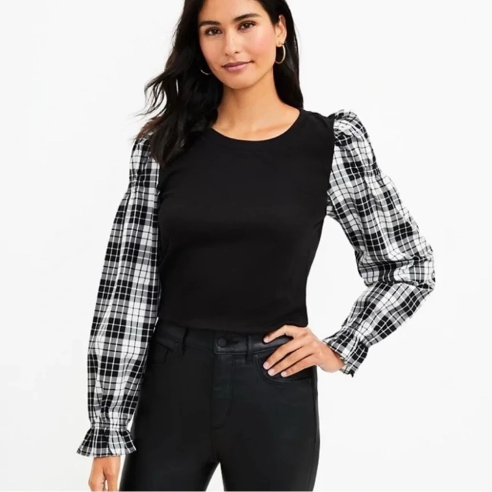 LOFT Black Top with Plaid Sleeves Puff Sleeves M